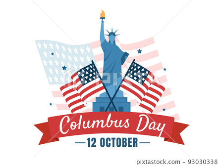 Happy Columbus Day National Holiday Hand Drawn Cartoon Illustration with Blue Waves, Compass, Ship and USA Flags in Flat Style Background Happy Columbus Day National Holiday Hand Drawn Cartoon Illustration with Blue Waves, Compass, Ship and USA Flags in Flat Style Background 93030338