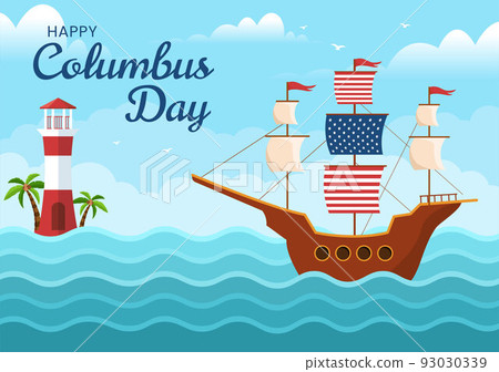 Happy Columbus Day National Holiday Hand Drawn Cartoon Illustration with Blue Waves, Compass, Ship and USA Flags in Flat Style Background 93030339
