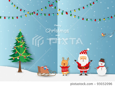 Merry Christmas and Happy new year greeting card with Santa Claus and friends happy on winter night background Merry Christmas and Happy new year greeting card with Santa Claus and friends happy on winter night background 93032096