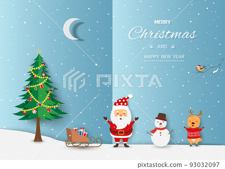 Merry Christmas and Happy new year greeting card with cute Santa Claus and friends happy on winter night 93032097