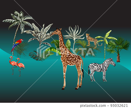 Tropical background with palm trees leaves leopard zebra giraffe parrot flamingo Tropical background with palm trees leaves leopard zebra giraffe parrot flamingo 93032621