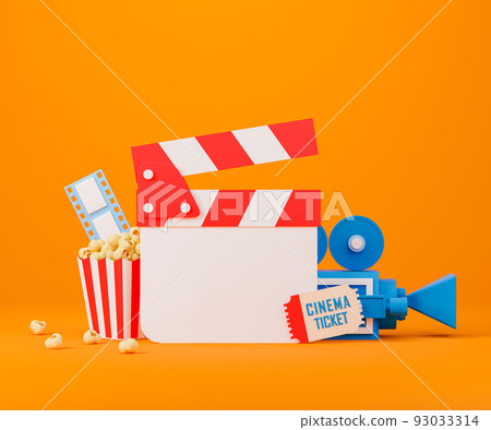 3d rendering concept movie and entertainment illustration. Blank clapperboard with popcorn, filmstrip, cinema ticket and movie camera. 93033314