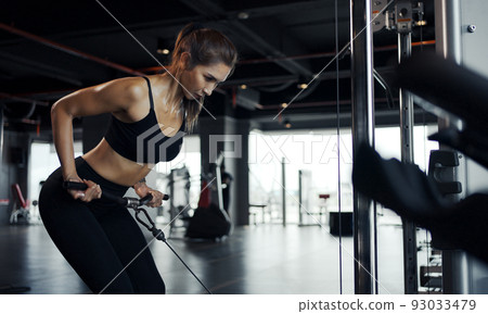 Sporty woman exercising on multistation at gym for arm and shoulders muscles. Fitness exercising in gym. 93033479