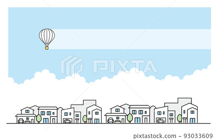 Illustration material of a residential area and a hot air balloon flying in the sky. 93033609