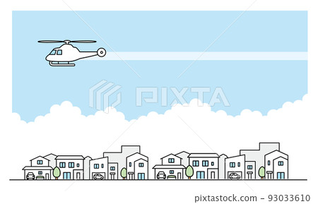 Illustration material of a residential area and a helicopter flying in the sky. Illustration material of a residential area and a helicopter flying in the sky. 93033610