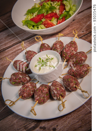 Recipe of kefta, beef skewer, Traditional homemade, with Greek yoghurt sauce, garlic, savory, Arabic Recipe of kefta, beef skewer, Traditional homemade, with Greek yoghurt sauce, garlic, savory, Arabic 93035476