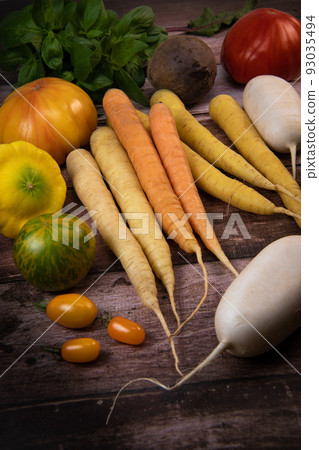 Fresh Vegetables of summer on wooden background 93035494