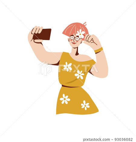 Young woman takes selfie with flower. Happy girl is being photographed. Vector cartoon illustration. 93036082