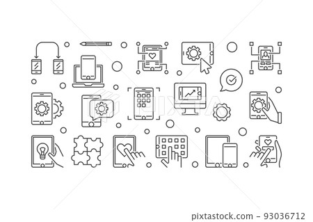 Mobile App Development vector outline horizontal illustration Mobile App Development vector outline horizontal illustration 93036712