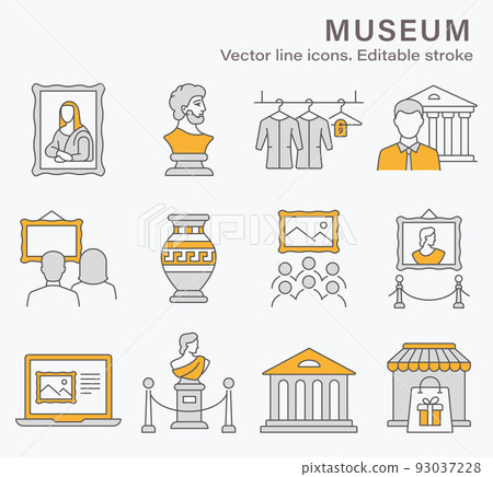 Museum icons, such as sculpture, gallery, exhibit, culture and more. Vector illustration isolated on white. Editable stroke. 93037228