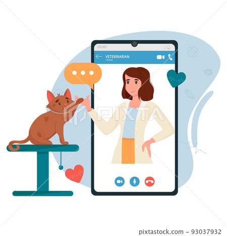 Veterinary doctor appointment. Online veterinarian consultation. Pet care, animal medical diagnosis, mobile application. Flat vector illustration 93037932