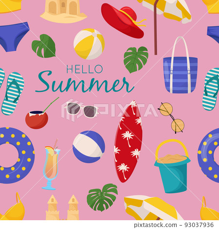 Set of cute summer elements: surfboard, cocktail, bag, hat, palm tree, bikini, flip flops, beach umbrella, ball, sand castle, lifebuoy. Summer seamless pattern Set of cute summer elements: surfboard, cocktail, bag, hat, palm tree, bikini, flip flops, beach umbrella, ball, sand castle, lifebuoy. Summer seamless pattern 93037936