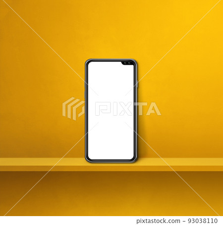 Mobile phone on yellow wall shelf. Square background Mobile phone on yellow wall shelf. Square background 93038110
