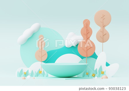 Abstract Pastel of nature, flowers leaves and tree plants with Podium stand platform. Cute Cartoon natural landscape background. Scene of spring colorful plants with minimal design. 3D Render. 93038123