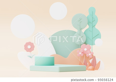 Abstract Pastel of nature, flowers leaves and tree plants with Podium stand platform. Cute Cartoon natural landscape background. Scene of spring colorful plants with minimal design. 3D Render. 93038124