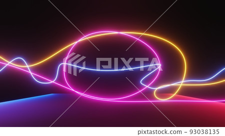 Abstract colorful neon glowing light background. Speed light illuminated. Florescent on the dark scene. Curvy moving line shape. 3D render. 93038135