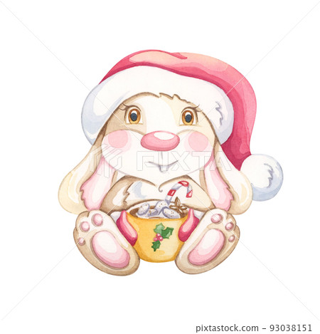 Cute bunny with a red cap and a cup. Watercolor illustration. 93038151