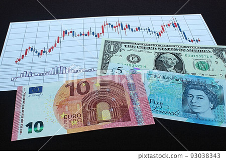 [Thumbnails of articles about exchanges, stocks, dollars, euros, pounds, etc.] Dollars, euros, pound bills and charts 93038343