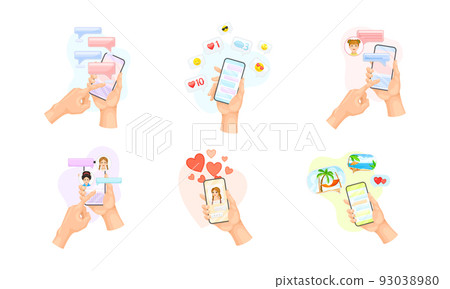 Hand with Smartphone Using Chat Software Text Messaging Vector Set Hand with Smartphone Using Chat Software Text Messaging Vector Set 93038980