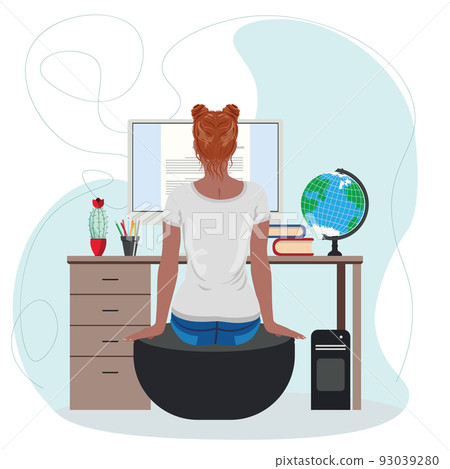 Girl in gray tee reading on screen 93039280