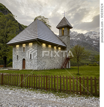 Theth, Albania, May 12, 2022 - small stone church Theth, Albania, May 12, 2022 - small stone church 93039324