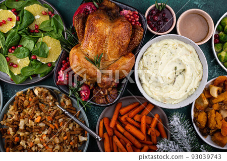 Christmas festive dinner with traditional dishes Christmas festive dinner with traditional dishes 93039743