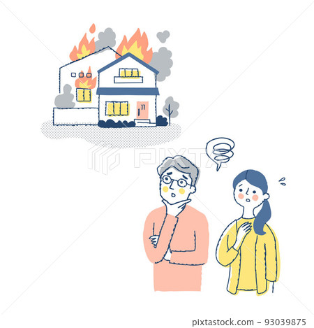 A man and woman with a troubled expression and a house that was on fire A man and woman with a troubled expression and a house that was on fire 93039875