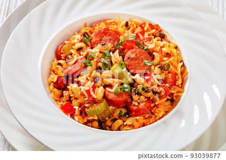 Hoppin John with rice in white bowl, top view Hoppin John with rice in white bowl, top view 93039877