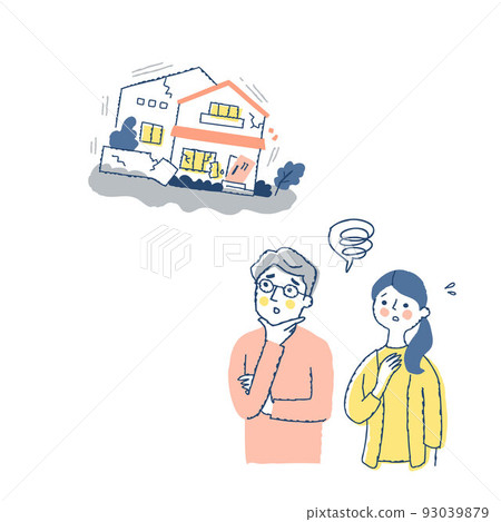 A man and woman with a troubled expression and a house destroyed by an earthquake 93039879