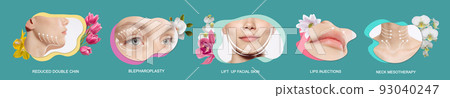 Horizontal poster, flyer with woman's portraits with graphic lines showing facial lifting effect on skin. Anti-aging treatment, beauty, cosmetic procedures 93040247