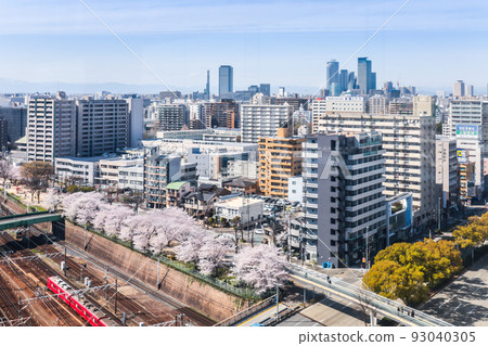 Looking at the row of cherry blossom trees along the railroad Looking at the skyscrapers in the distance from Kanayama 93040305