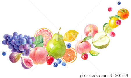 各種新鮮水果的裝飾。水彩插圖。流動的水果的集合。水果水彩畫框 93040529