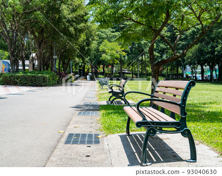 夏季公園，綠化小路，步行道，樹下的公園長椅，陽光明媚的日子。 93040630