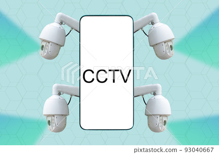 Supervision app and monitoring. Smartphone with four video surveillance cameras. Concept of CCTV and integrated video control system Supervision app and monitoring. Smartphone with four video surveillance cameras. Concept of CCTV and integrated video control system 93040667
