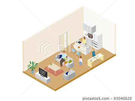 Isometric_Illustration of a single-family living dining kitchen Isometric_Illustration of a single-family living dining kitchen 93040820
