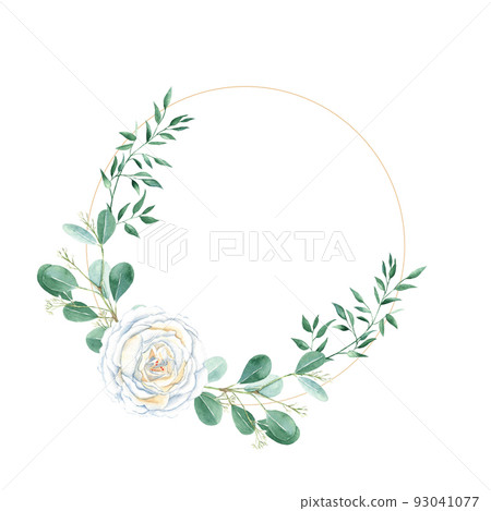 Watercolor wedding wreath, round golden frame. Isolated on white background. Creamy white rose, pistachio and eucalyptus branches. Rustic style. 93041077
