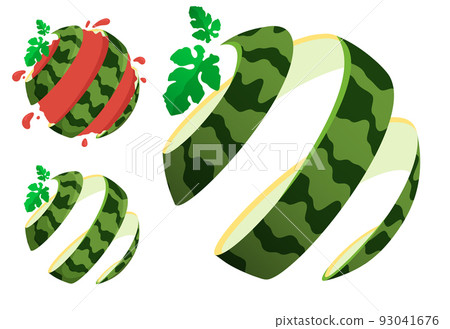 Watermelon peel emblem twisted into spiral with green leaves. Exotic fruit symbol in abstract form. Vector isolated on white background Watermelon peel emblem twisted into spiral with green leaves. Exotic fruit symbol in abstract form. Vector isolated on white background 93041676