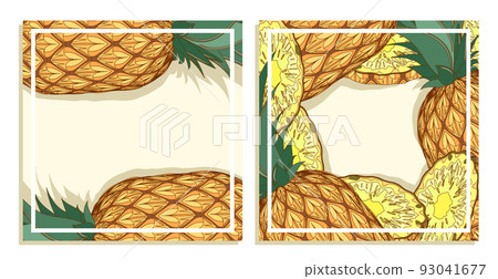 Festive square cards with pineapple fruit. Square templates for designing menus for restaurants and cafes. Cartoon vector isolated on white background Festive square cards with pineapple fruit. Square templates for designing menus for restaurants and cafes. Cartoon vector isolated on white background 93041677