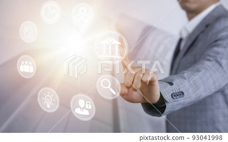 Businessman touchscreen on the graph Screen Icon of a media screen, Technology Process System Business with Communication and marketing concept, Team success, HR Human, Business success 93041998