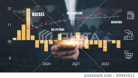 Oil energy graph of the world market, impact on the economy concept, Hand hold smartphone with the indicator on the oil price slide at gas station, fluctuations in oil prices and exchange trade. Oil energy graph of the world market, impact on the economy concept, Hand hold smartphone with the indicator on the oil price slide at gas station, fluctuations in oil prices and exchange trade. 93042011