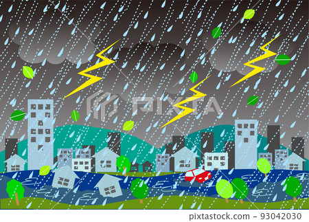 一座有雷聲、大雨和洪水的城市的插圖 一座有雷聲、大雨和洪水的城市的插圖 93042030