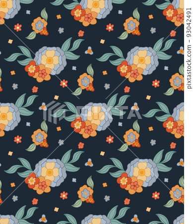Vector seamless pattern with bouquet of groovy flowers and stems on dark blue background with ditsy. Retro hippie floral arrangement texture. Vector seamless pattern with bouquet of groovy flowers and stems on dark blue background with ditsy. Retro hippie floral arrangement texture. 93042491