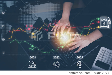 Oil energy graph of the world market, impact on the economy concept,Hand touch chart with the indicator on the oil price slide at gas station, fluctuations in oil prices and exchange trade. 93042977
