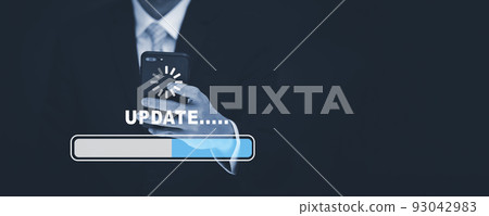 Smartphone with bar of Update Software Computer Program Upgrade Business Technology Internet, Update on virtual screen. Internet and technology concept, loading bar with installing the update. Smartphone with bar of Update Software Computer Program Upgrade Business Technology Internet, Update on virtual screen. Internet and technology concept, loading bar with installing the update. 93042983