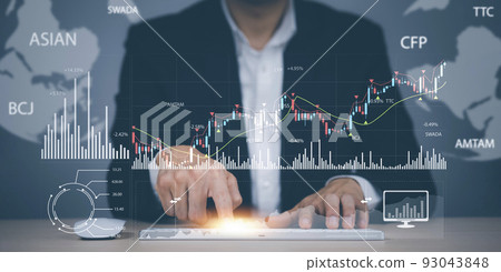 Businessman interacting with laptops, phones, and tablets with featuring stock tickers or graphs, cryptocurrency and new trading platforms, ideas and perspectives, Stock investment,New technology 93043848