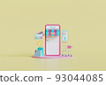 online store mobile application 3d rendering illustration. social media app. 3d Smartphone with shopping bag, chat message, delivery. suitable for promotion of digital stores, web and Advertising. 93044085