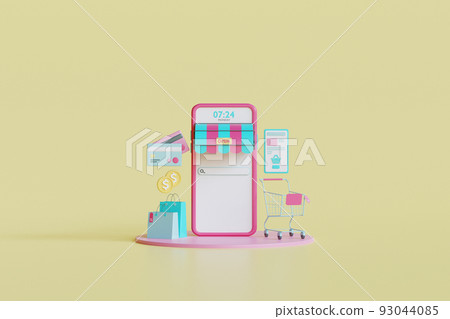 online store mobile application 3d rendering illustration. social media app. 3d Smartphone with shopping bag, chat message, delivery. suitable for promotion of digital stores, web and Advertising. 93044085