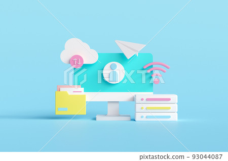 Data server cloud storage. Business technology cloud computing service and technology file upload backup on cloud storage. 3D illustration 93044087
