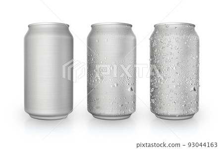 Thin aluminum cans in silver isolated from white background, cans with water droplets, cans with water droplets and ice 93044163