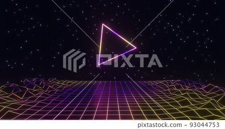 3d render, neon glowing geometric shape, retro wireframe poster 93044753